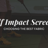 Person preparing to swing a golf club indoors with text overlay: “Golf Impact Screens: Choosing the Best Fabric.”