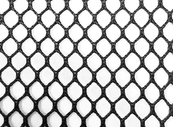 Close-up of 8600SD fabric featuring a black diamond mesh pattern over a white background, designed for strength, breathability, and versatile textile applications.