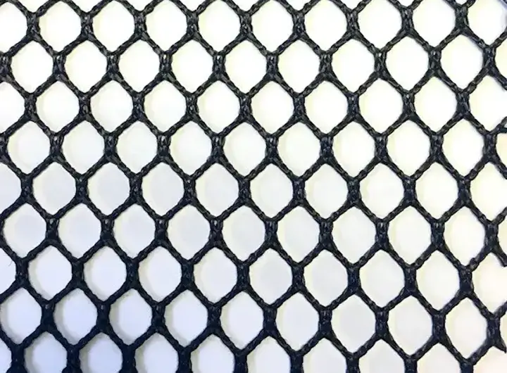 Close-up of Jason Mills 8600SD black mesh fabric with diamond-shaped pattern, ideal for industrial and golf simulator textile applications.